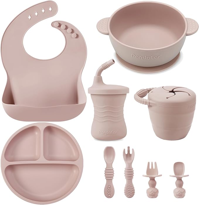 PandaEar Silicone Baby Feeding Set | 9PCS Baby Led Weaning Supplies Self Feeding Utensils | Divided Suction Plate Bowl Bibs Sippy Cup with Baby Snack Container Spoons Forks (Pink)