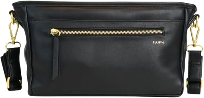 FAWN DESIGN The Stroller Caddy, Premium Matte Faux Leather Stroller Organizer with Cup Holder, Black Diaper Bag with Adjustable Stroller Straps, 2 Exterior Pockets 1 Zipper Pocket, 14x 5x 7 inches
