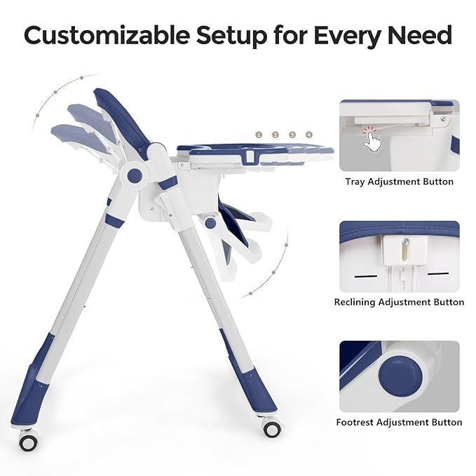 Cochildor 3-in-1 Foldable High Chair for Babies & Toddlers – Adjustable Height, Reclining Seat, 5-Point Safety Harness, Removable Tray, Lockable Wheels, Washable Cushion – Portable & Easy Clean, Blue