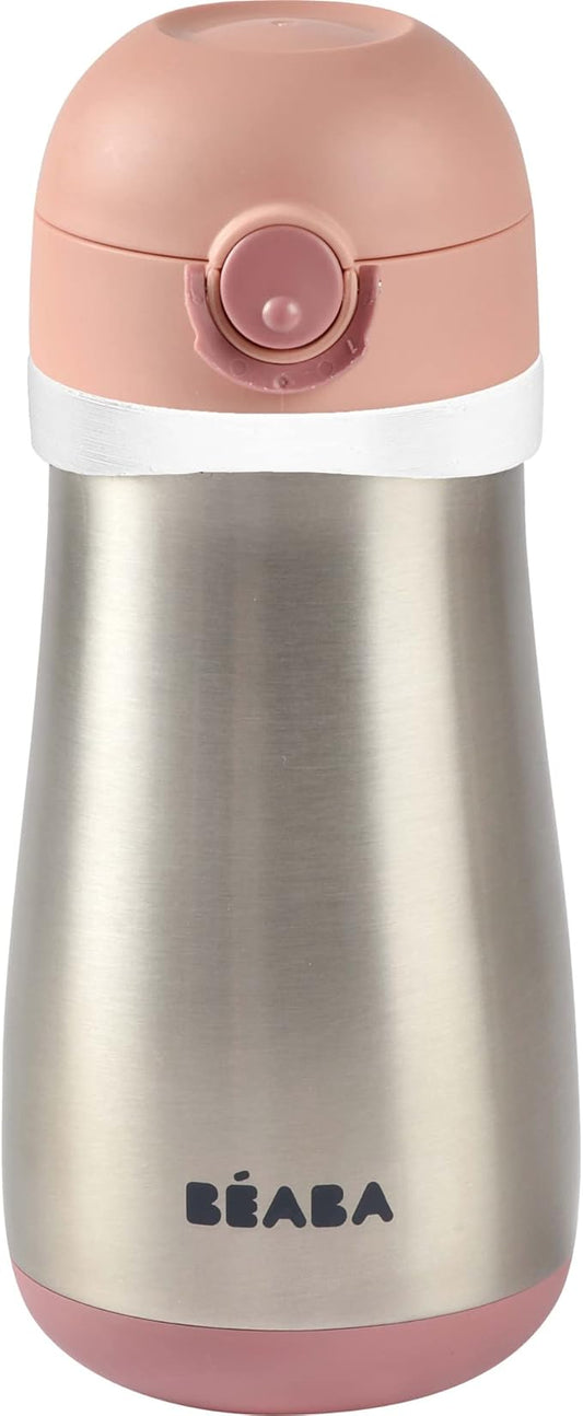 BEABA Kids Stainless Steel Insulated Water Bottle, Kids Water Bottle, Toddler Thermos with Spill Proof Spout and Close Top, Perfect for Travel, (Rose)