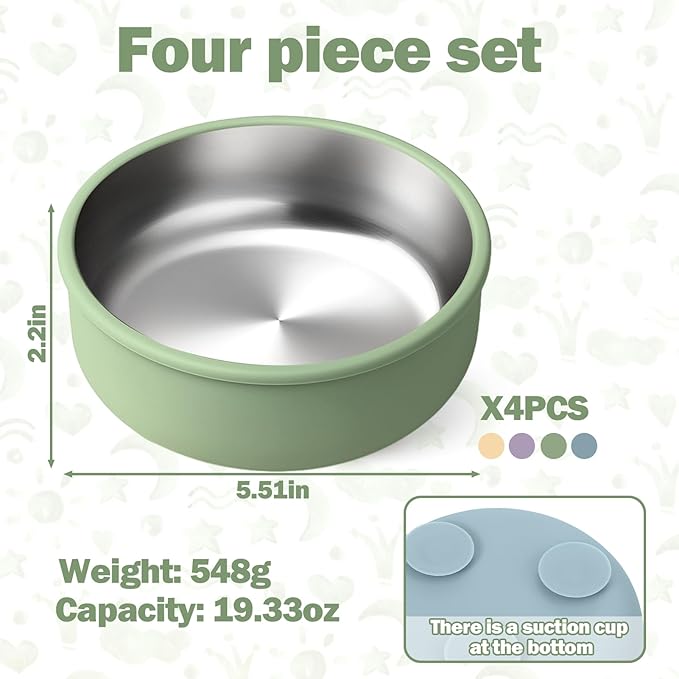 Mity rain 4-Pack Baby Bowls with Suction,Stainless Steel Toddler Bowl with Removable Silicone Shell, Non-Slip Unbreakable babies bowls with silicone suction & Kids Bowls for Baby Food Feeding