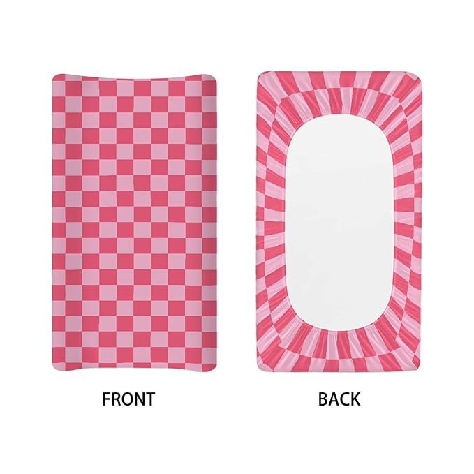 Rose Pink Checkered Changing Pad Cover for Baby Girls Boys Cartoon Breathable Diaper Change Table Sheet Soft Stretchy Cute Change Table Mat Cover Fit 32x16
