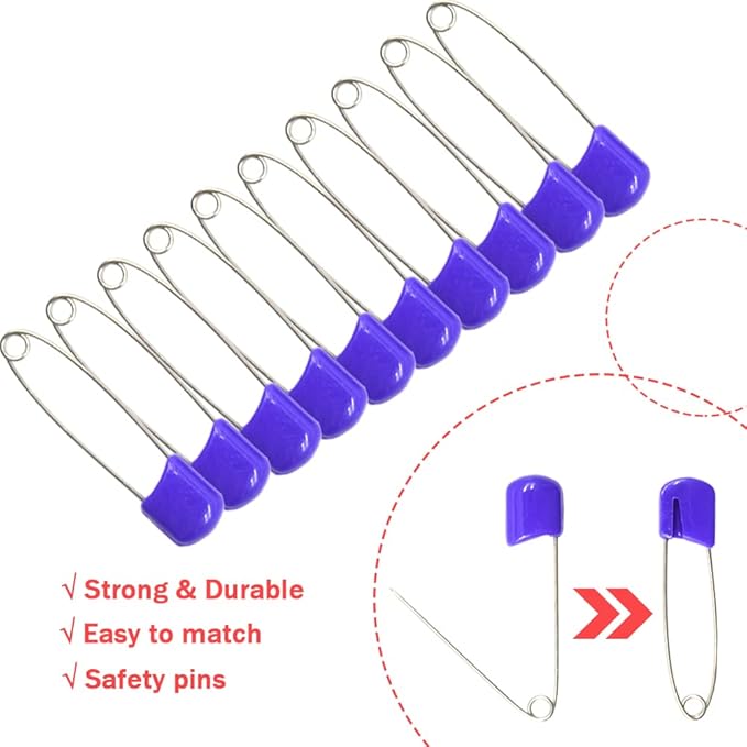 50 PCS Safety Pin 54mm/2.2in Baby Diaper Pins for Cloth Plastic Head Baby Pins for Diapers Stainless Steel Cloth Pins with Locking Closures Nappy Pin for Crafts（DT/Purple）