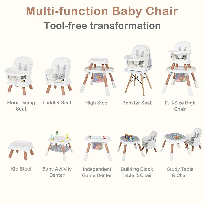INFANS 9 in 1 High Chair, Convertible Baby Highchair for Babies and Toddlers, Table and Chair Set Building Block Infant Dining Booster Seat, Kids Stool with Activity Children Play Kitchen (Beige)