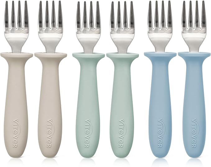 6 Pieces Toddler Forks, 18/8 Stainless Steel Kids Safe Utensils Set BPA Free, Children's Silverware Set with Silicone Round Handle for Self Feeding, Dishwasher Safe