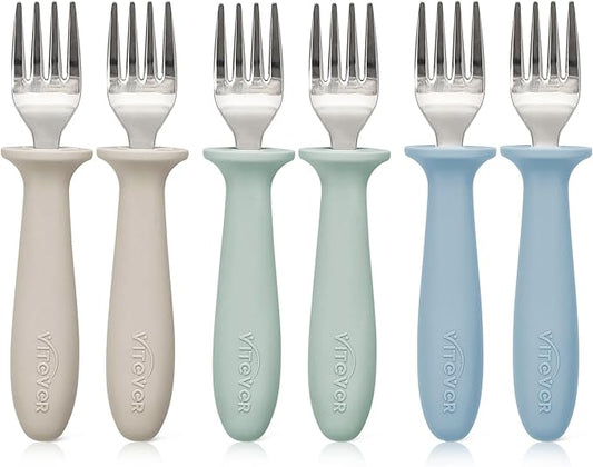 6 Pieces Toddler Forks, 18/8 Stainless Steel Kids Safe Utensils Set BPA Free, Children's Silverware Set with Silicone Round Handle for Self Feeding, Dishwasher Safe