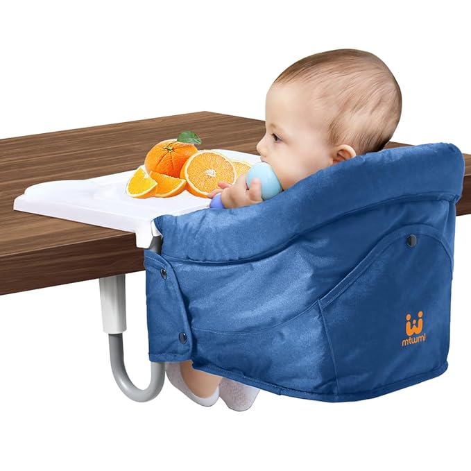MTWML Hook On High Chair with Tray,Portable Baby High Chair that Attaches to Table,Clip On Fast Table Seat for Babies and Toddlers.Baby Feeding Seat for Dining Tables and Counter(Pure-Blue)