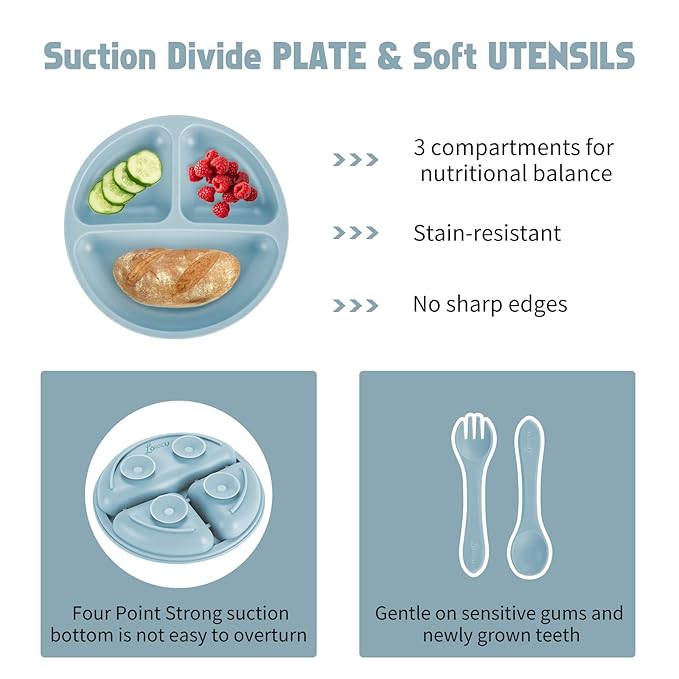 Silicone Feeding Set - Baby Led Weaning Supplies with Plate, Bowl, Bib, Spoon, Fork, Sippy Cup - BPA Free