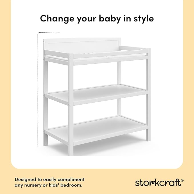 Storkcraft Alpine Changing Table (White) – GREENGUARD Gold Certified Nursery Changing Table, Includes Water-Resistant Changing Pad, 2 Shelves for Nursery Storage and Organizing