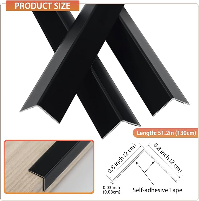 QDYMXUN Aluminum Self Adhesive Wall Corner Guards, Peel and Stick L-Shaped Metal Protector Strips for Door Frame, Furniture Edge and Home Protection (Matte Black, 4pcs x 51.2''L x 0.8''W)