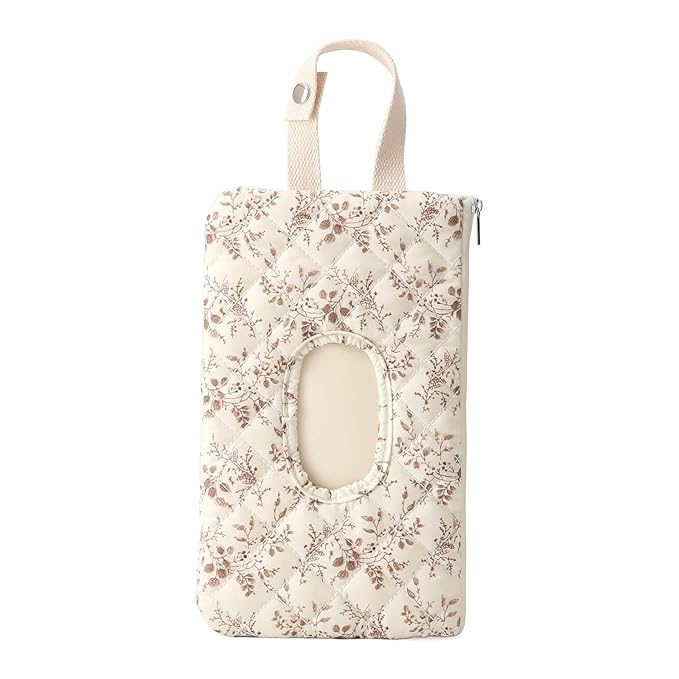 ETOYA Canvas Floral Quilted Wipe Dispenser Portable Wet Wipe Pouch for Mom(Beige) (style1)