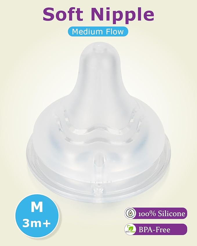 Silicone Nipples(M) for Lansinoh Baby Bottles,Replacement Bottle Nipple,3m+,Meudim Flow, 6 Count