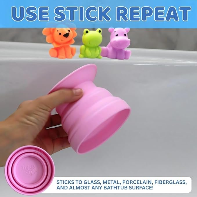 TubbyCup Toddler Bath Rinse Cup – Easy Hair Rinsing Without Tears, Suction Base Sticks to Tub, Soft Collapsible Silicone, BPA-Free (Pink)