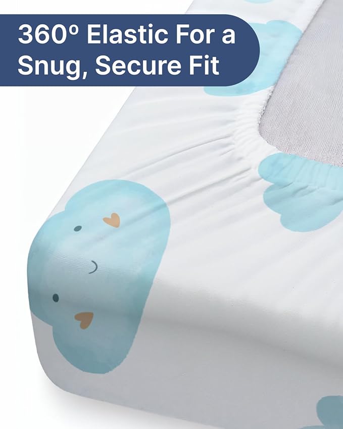 2-Pack Mini Crib Sheets Fitted - Pack N Play Sheets for Pack and Play Mattress - Stretchy Soft Microfiber Playard Bedding - Mini Toddler Bed Cover Boys & Girls - Easy-Fit, Oeko-Tex, 38 x 24in - Clouds
