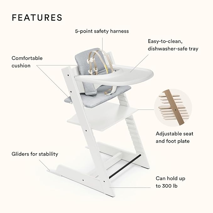 Stokke Tripp Trapp High Chair and Cushion with Tray - White with Nordic Blue - Adjustable, Convertible, All-in-One High Chair for Babies & Toddlers