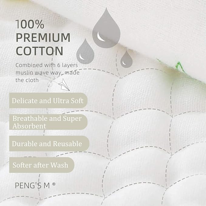 PENG'S M Muslin Baby Burp Cloths 6-Pack Organic Cotton Washcloths 20 by 10 Inches Cloths 6 Layers Super Soft Funny Forest