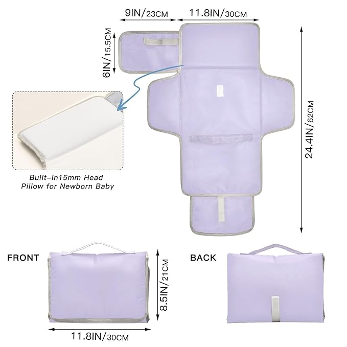 Portable Diaper Changing Pad Travel Baby Changing Mat Waterproof Diaper Changing Mat Foldable Lightweight Baby Changer with Built-in Pillow Purple