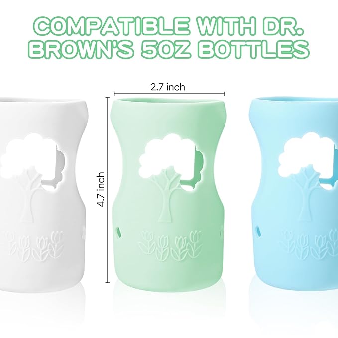 3 Pcs Colorful Silicone Sleeve for Dr.Brown Bottles, Silicone Bottles Sleeve Compatible with Dr.Brown Wide Neck Bottle, Dishwasher-Safe BPA Free, for 9 Oz (White Green Blue)