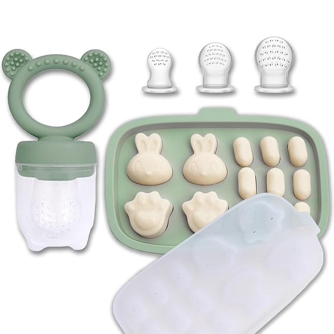 JEXFUN Baby Fruit Food Feeder Pacifier & Freezer Tray Set, Breastmilk Popsicle Molds for Teethinig, Baby Food Storage Containers Breast Milk Ice Cubes for Baby & Infant Self Feeding, BPA Free (Green)