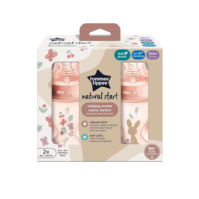 Tommee Tippee Natural Start Anti-Colic 9 oz BPA Free Baby Bottles, 0+ Months, Slow Flow Breast-Like Nipple, Self Sterilizing, Designed Seamless Transition Between Bottle & Breast, Pink (Pack of 12)