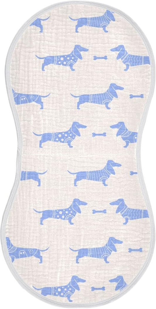 Cute Dachshund Dog and Bone Pattern Muslin Burp Cloths for Baby 1 Pack 100% Cotton Baby Washcloths Bibs for Boy Girl