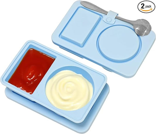 Gute Silicone Reusable Snack Containers with Lids, Small Mini Double Compartment Sauce Cups for Salad Dressing, Lunch, Travel, Gym - 2 Pack(Blue)