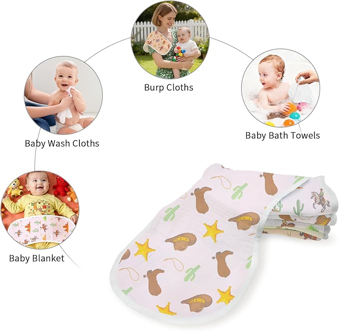 6 Pack Western Burp Cloths Baby Boys Girls with Cowboy Pattern, Large Cotton Wild West Burp Rags for Newborns Gifts Nursery Decor Extra Soft and Absorbent 9.8X19.6inches