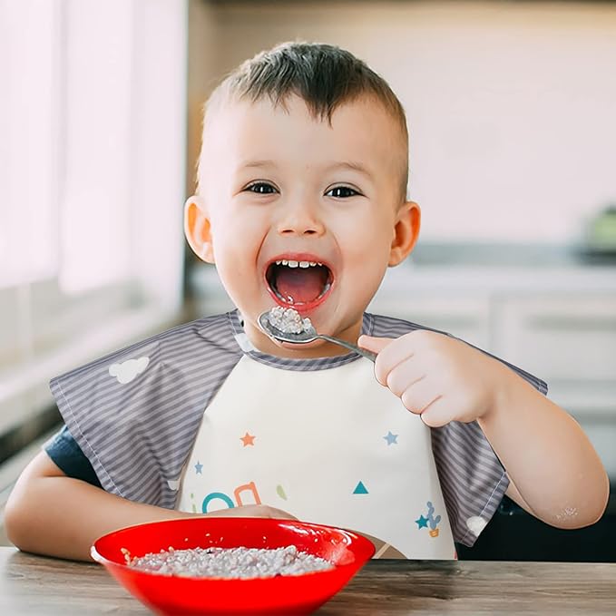 R HORSE 5Pcs Short Sleeved Bib for Baby Toddlers Waterproof Sleeved Infants Feeding Bib with Crumb Capacity Pocket Baby Shower Birthday Gifts for Boy Girl 0-36 Months
