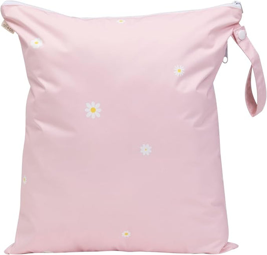 Ali+Oli Water Resistant Dual-Compartment Wet-Dry Bag for Travel, Hook to Stroller, Daycare, Diapers, Diaper Bag, Clutch Bag,15x12 inches (Blush Daisy)