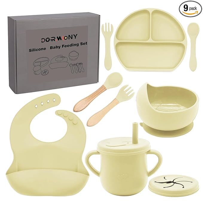 100% Silicone baby feeding set,BPA free Baby dishes set with Suction Bowl Divided Plate,Toddler Self Feeding Dish Set with Spoons Forks Sippy Cup And Bib, Baby Eating Utensils (Yellow)