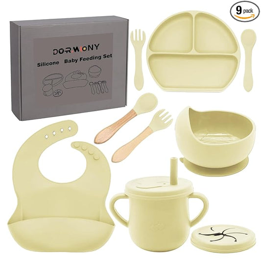100% Silicone baby feeding set,BPA free Baby dishes set with Suction Bowl Divided Plate,Toddler Self Feeding Dish Set with Spoons Forks Sippy Cup And Bib, Baby Eating Utensils (Yellow)