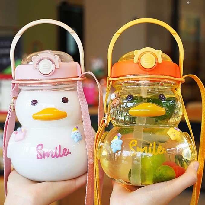 Large Cute Duck Water Bottle with Straw and Strap 34oz Kawaii Duck Water Bottle with 3D Stickers for Kids Toddler Girls School Sports Travel Leakproof Portable Handle Hot and Cold Bottles (Pink)