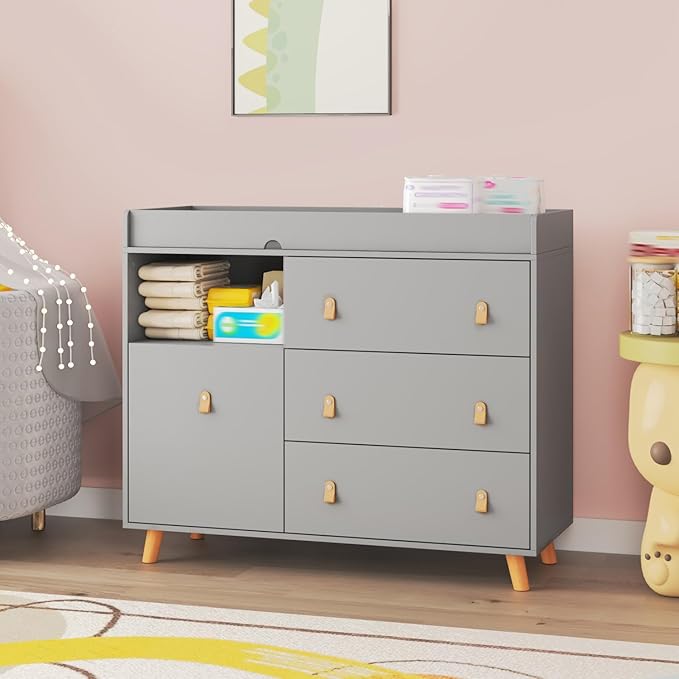 Changing Table Dresser, Baby Nursery Dresser with 3 Drawers and Shelf, Top Guardrail and Large Storage Cabinet, Hidden Trash Storage, Baby Changing Dressers for Nursery Room, Gray