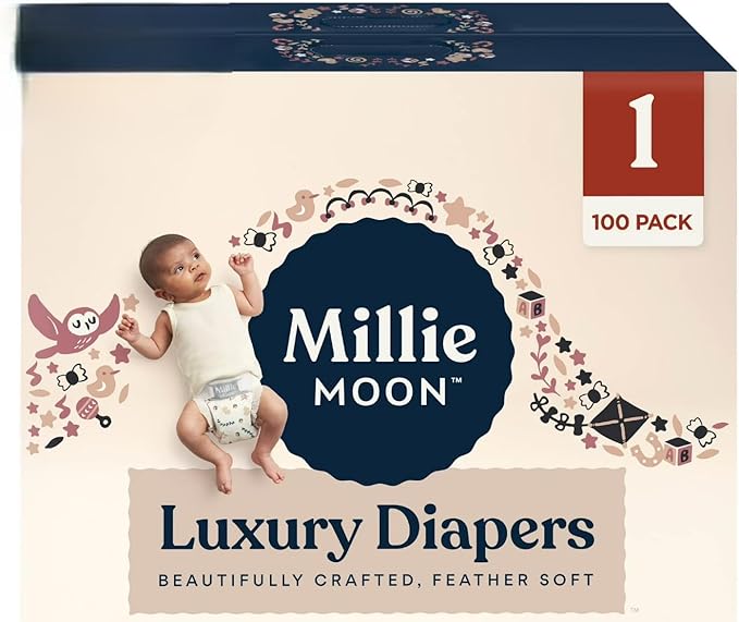 Millie Moon Luxury Disposable Baby Diapers Size 1 I 100 Count I, Ultra Soft Comfort, Absorbent Core for Day & Night Use, Wetness Indicator, Gentle Materials, Secure Fit