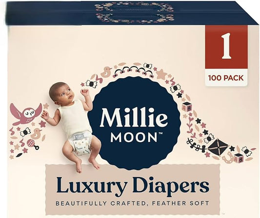 Millie Moon Luxury Disposable Baby Diapers Size 1 I 100 Count I, Ultra Soft Comfort, Absorbent Core for Day & Night Use, Wetness Indicator, Gentle Materials, Secure Fit