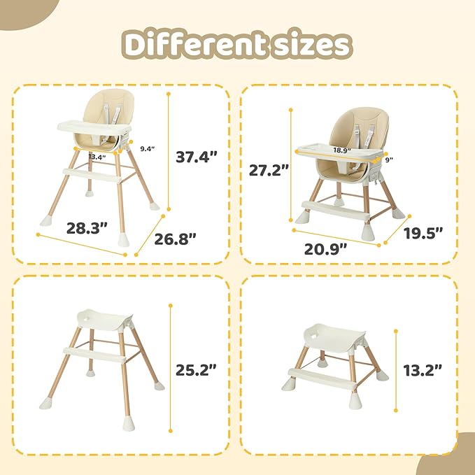 JOYMOR 5 in 1 Convertible Baby High Chair, Highchair for Babies and Toddlers, Easy Clean, Infant Highchair with Removable Double Tray & 5-Point Harness (Beige)