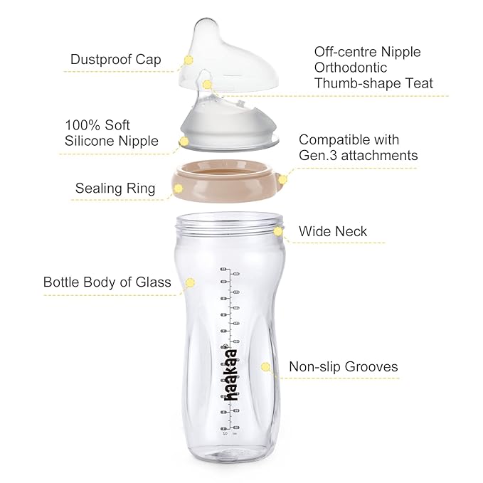 haakaa Gen.3 Natural Glass Baby Bottle&Silicone Orthodontic Bottle Nipple Set-Wide Neck Anti-Colic Variable Flow Nipple,Easy to Clean & Latch for 6m+ Breastfeeding Baby Toddler,BPA-Free