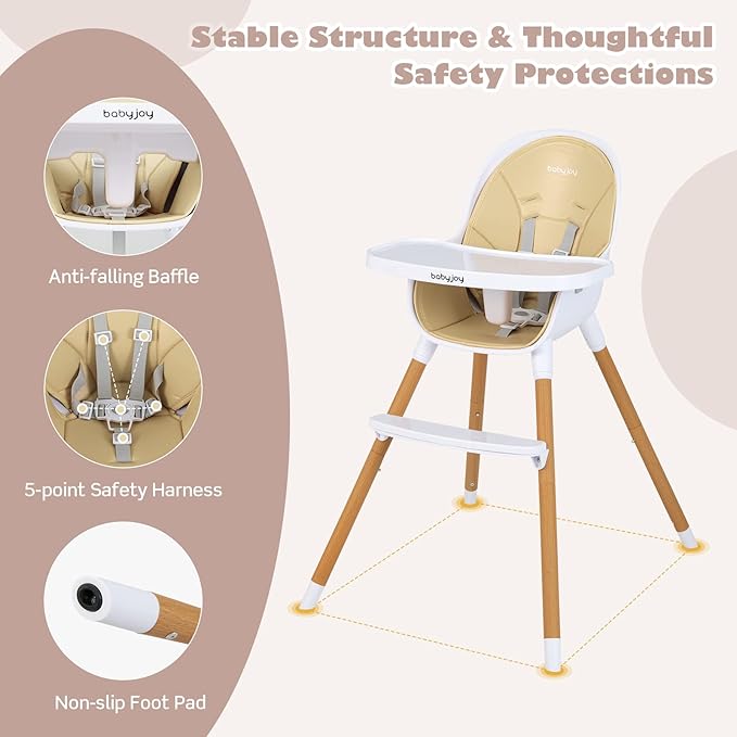 HONEY JOY High Chair, 3-in-1 Eat & Grow Highchair/Booster Seat/Toddler Chair w/Removable Tray, Safety Harness, Steel Legs, PU Cushion and Footrest for Baby, High Chair for Babies and Toddlers (Beige)