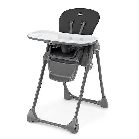 Chicco Polly Space-Saving Foldable High Chair with Easy-Clean Seat Pad, High Chair for Babies and Toddlers with Multi-Position Recline and Height Adjustment, for Children up to 40 lbs., Black/Black