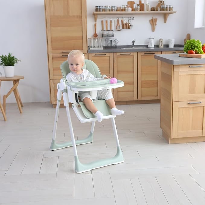 Cochildor 3-in-1 Foldable High Chair for Babies & Toddlers – Adjustable Height, Reclining Seat, 5-Point Safety Harness, Removable Tray, Lockable Wheels, Washable Cushion – Portable & Easy Clean, Green