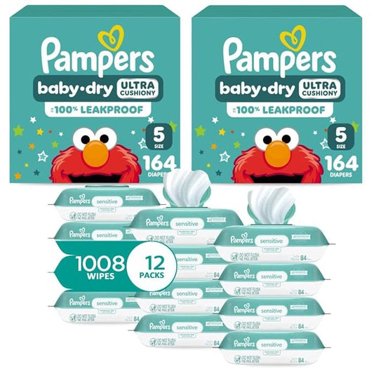 Pampers Baby Dry Disposable Baby Diapers Size 5, 2 Month Supply (2 x 164 Count) with Sensitive Water Based Baby Wipes 12X Multi Pack Pop-Top and Refill (1008 Count)