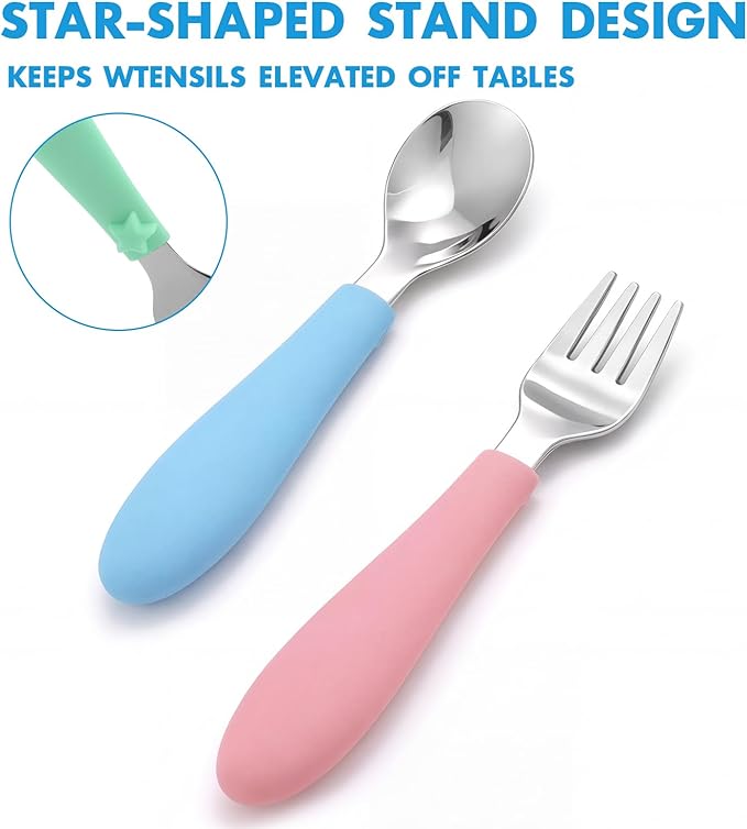 Pimoys 6 Pieces Toddler Utensils, Kids Forks and Spoons with Silicone Handle, Stainless Steel Toddler Silverware Set, Dishwasher Safe