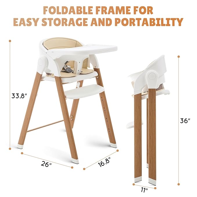 Baby High Chair Foldable, Adjustable High Chairs for Babies and Toddlers, Portable Highchair for Baby Chair with Removable Tray Dishwasher-Safe 6 Months up to 240 Lb.White