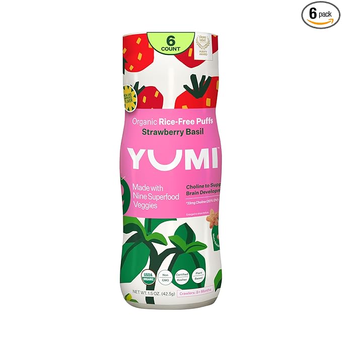 YUMI Rice-Free Baby Puffs - No Sugar Added, Gluten-Free, Non-GMO Organic Baby Snacks Puffs, School Safe for Daycare and Lunchboxes - Alternative to Baby Teething Snacks, Strawberry Basil (6ct.)