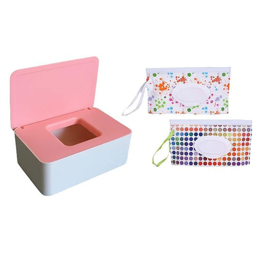 Wipes Dispenser, Wet Wipe Holder with 2Pcs Refillable Wipe Holder, Reusable Wipe Box, White+pink, Plastic, Rectangular
