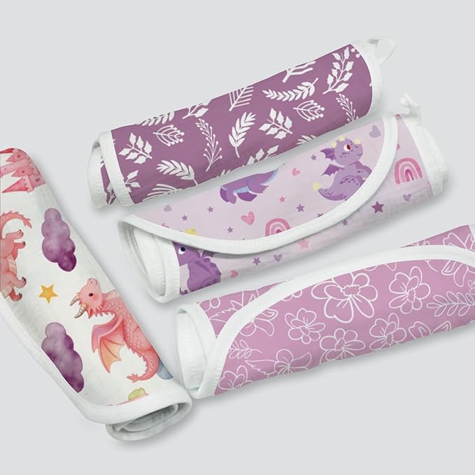 5 Pack Baby Burp Cloths, Soft Cotton Pink Dragon & Fairy Theme Burp Cloths, Super Absorbent Cute Mythical Creature Print Washcloths, Newborn Baby Girl Essentials Gift Set