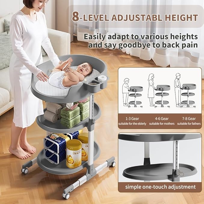 Diaper Changing Station, Portable Changing Table for Baby, Diaper Changing Table with Storage Drawers, Waterproof Baby Changing Station with Wheels and Adjustable Height for Newborn Infant (Grey)