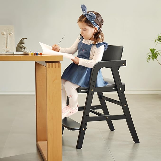 Solid Wood High Chair for Toddlers to Teens, Adjustable Height Toddler Dining Chair, Easy to Clean Toddler Highchair with Removable PU Cushion for Dining, Studying, Step Stool, Black
