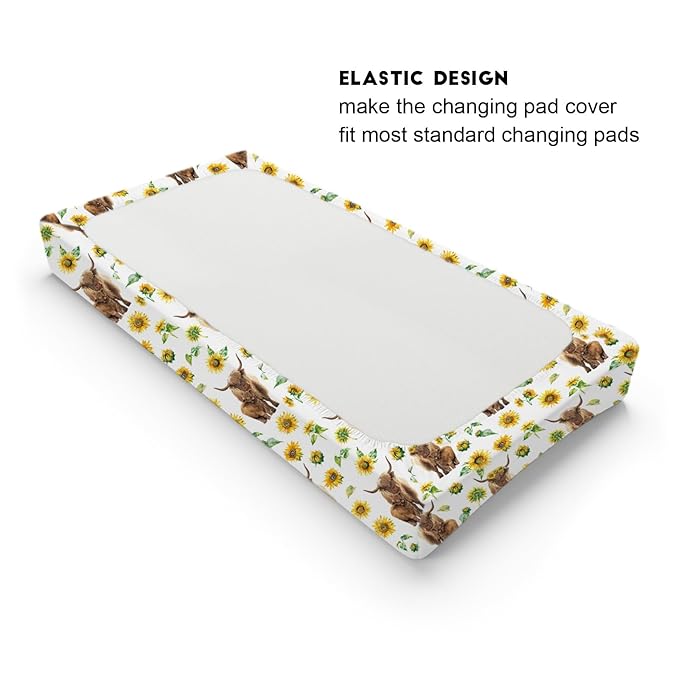 Highland Cow Sunflowers Leaves Baby Changing Pad Cover for Boy Girl 32''x16'' Highland Yak Boho Floral Fitted Diaper Change Table Sheets Farm Animal Comfort Soft Breathable Nursery Changing Table Mat