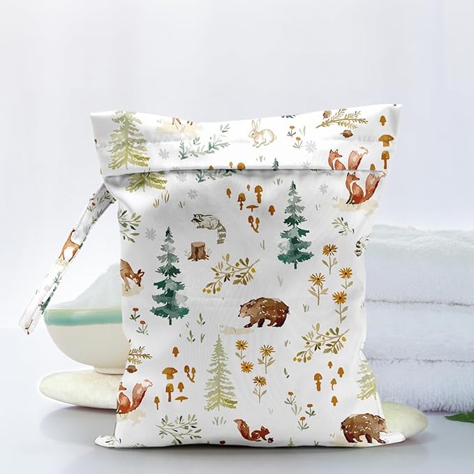 Waterproof Cloth Diaper Wet Dry Bag, Reusable Travel Beach Pool Daycare Soiled Toddler Items Yoga Gym Bag for Swimsuits or Wet Clothes Diaper Forest Elements Wet Bag